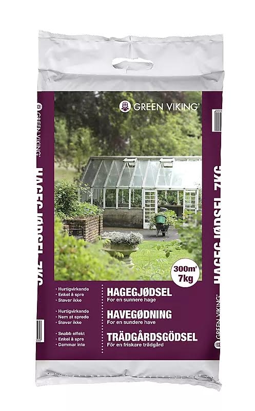 Beskrivelse:  Green viking hagegjødsel er god allround gjødsel. Hagegjødselen shttørger for at plantene dine holder seg friske, god avling og en frodig blomstring gjennom hagesesongen. Gjødselen passer for bruk i de fleste hager både til planter og plen. 